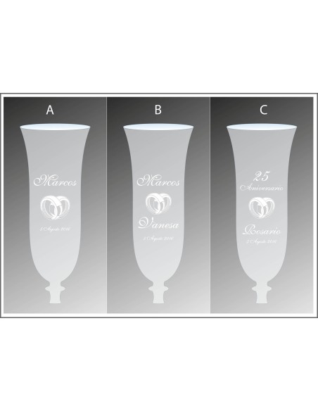 Set de 2 copas de cristal para champán+bandeja de cristal - Colección ANGELA-GRABADO LASER - Grabación personalizada.