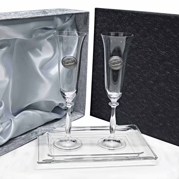 Set 2 copas de cristal para champán+bandeja cristal centrada-Colección ANGELA-ANIVERSARIO BILAMINADO-Talla Liso-ALIANZAS.