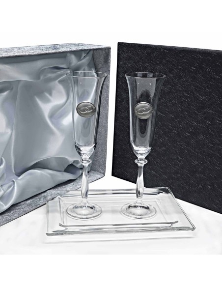 Set 2 copas de cristal para champán+bandeja cristal centrada-Colección ANGELA-ANIVERSARIO BILAMINADO-Talla Liso-ALIANZAS.