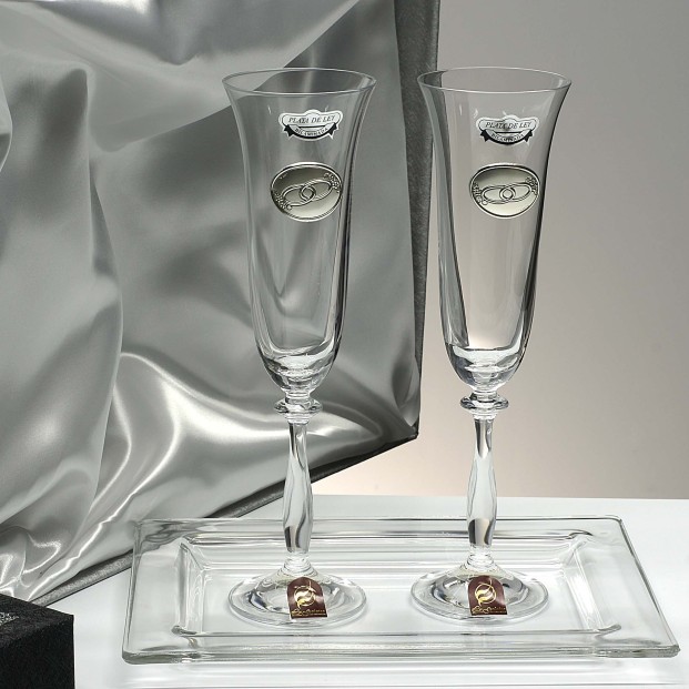 Set 2 copas de cristal para champán+bandeja cristal centrada-Colección ANGELA-ANIVERSARIO BILAMINADO-Talla Liso-ALIANZAS.