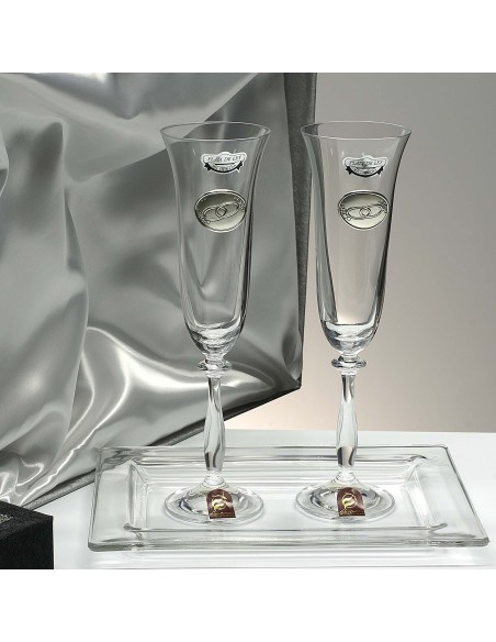 Set 2 copas de cristal para champán+bandeja cristal centrada-Colección ANGELA-ANIVERSARIO BILAMINADO-Talla Liso-ALIANZAS.