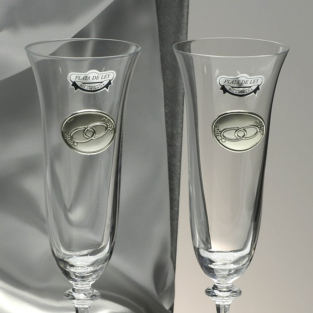 Set 2 copas de cristal para champán+bandeja cristal centrada-Colección ANGELA-ANIVERSARIO BILAMINADO-Talla Liso-ALIANZAS.