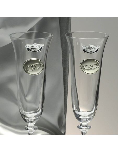 Set 2 copas de cristal para champán+bandeja cristal centrada-Colección ANGELA-ANIVERSARIO BILAMINADO-Talla Liso-ALIANZAS.