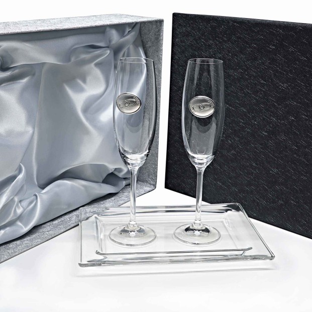 Set de 2 copas de cristal para champán+bandeja de cristal centrada - Colección GASTRO-ANIVERSARIO BILAMINADO - Talla Liso.