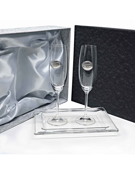Set de 2 copas de cristal para champán+bandeja de cristal centrada - Colección GASTRO-ANIVERSARIO BILAMINADO - Talla Liso.