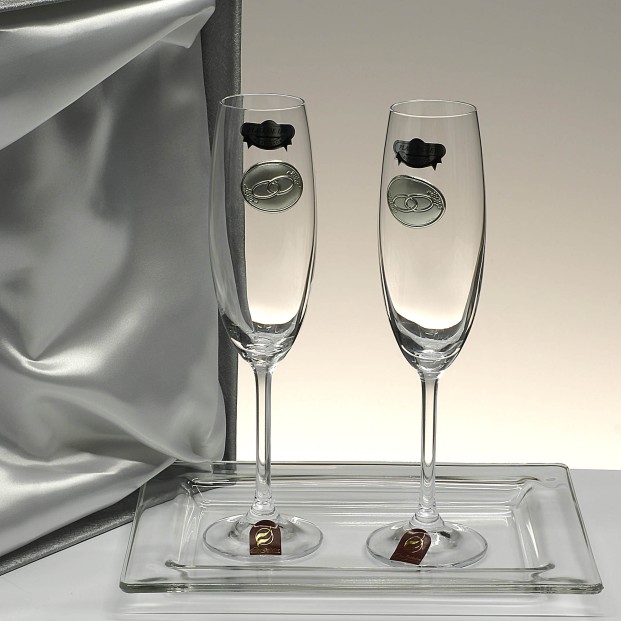 Set de 2 copas de cristal para champán+bandeja de cristal centrada - Colección GASTRO-ANIVERSARIO BILAMINADO - Talla Liso.