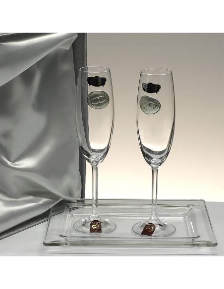Set de 2 copas de cristal para champán+bandeja de cristal centrada - Colección GASTRO-ANIVERSARIO BILAMINADO - Talla Liso.