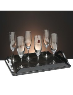 Set de 6 copas de cristal para champán+bandeja de madera color wenge rectangular - Colección CRISTALLIN.