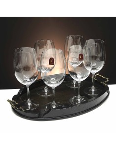 Set de 6 copas de cristal para vino o agua+bandeja de madera color wenge ovalada - Colección CRISTALLIN.