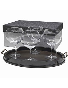 Set de 4 copas de cristal para gin tonic+bandeja de madera color wenge ovalada - Colección GIN TONIC.