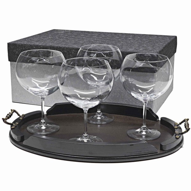 Set de 4 copas de cristal para gin tonic+bandeja de madera color wenge ovalada - Colección GIN TONIC.
