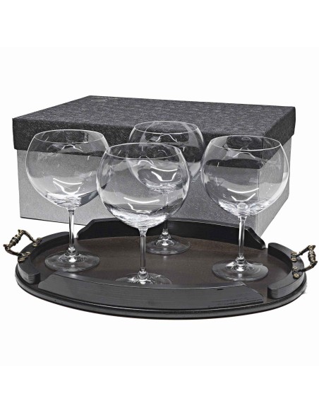 Set de 4 copas de cristal para gin tonic+bandeja de madera color wenge ovalada - Colección GIN TONIC.