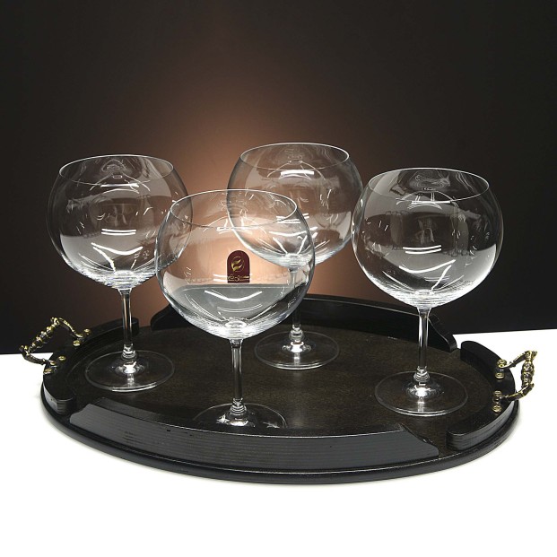 Set de 4 copas de cristal para gin tonic+bandeja de madera color wenge ovalada - Colección GIN TONIC.