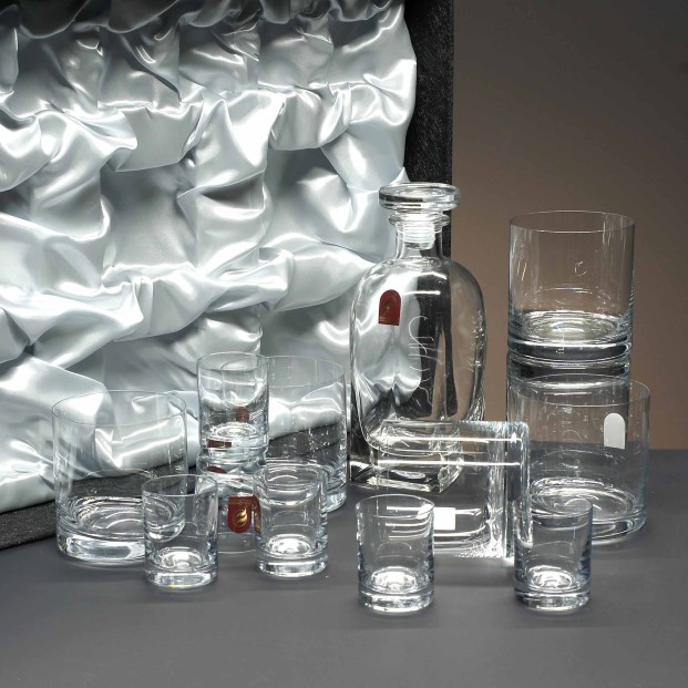 Set de 6 vasos bajos de cristal para whisky o agua+chupitos+botella - Colección GOGO.