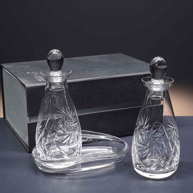 Juego de aceitera y vinagrera de cristal + bandeja de cristal - Colección TOSCANA - Talla 082.