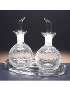 Juego de aceitera y vinagrera de cristal + bandeja de cristal - Colección CRAQUELE - Talla Liso.