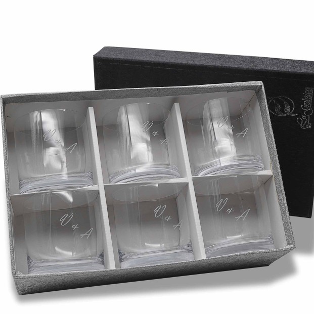 Juego de 6 vasos bajos de cristal para whisky o agua - Colección GOGO-GRABADO - Grabación personalizada.