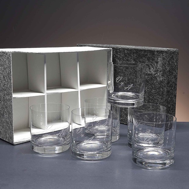 Juego de 6 vasos bajos de cristal para whisky o agua - Colección GOGO-GRABADO - Grabación personalizada.