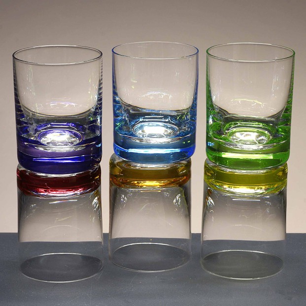Juego de 6 vasos de cristal para chupitos de licor o whisky - 6 colores - Colección CLASSIC.