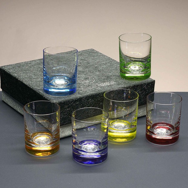Juego de 6 vasos de cristal para chupitos de licor o whisky - 6 colores - Colección CLASSIC.