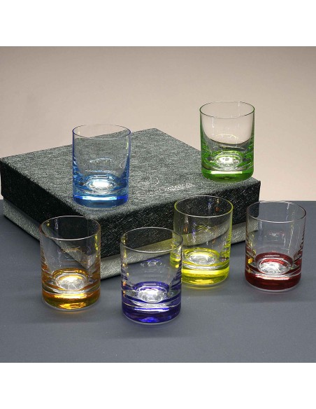 Juego de 6 vasos de cristal para chupitos de licor o whisky - 6 colores - Colección CLASSIC.