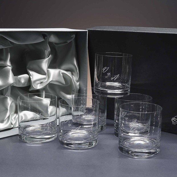 Set de 6 vasos bajos para whisky o agua - Colección GOGO-GRABADO - Grabación personalizada.
