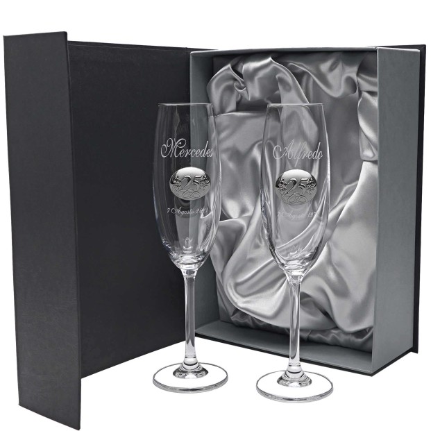 Set de 2 copas de cristal para champán - Colección GASTRO-ANIVERSARIO BILAMINADO+GRABADO LASER - Grabación personalizada.