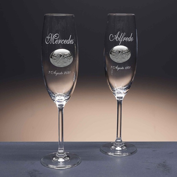 Set de 2 copas de cristal para champán - Colección GASTRO-ANIVERSARIO BILAMINADO+GRABADO LASER - Grabación personalizada.