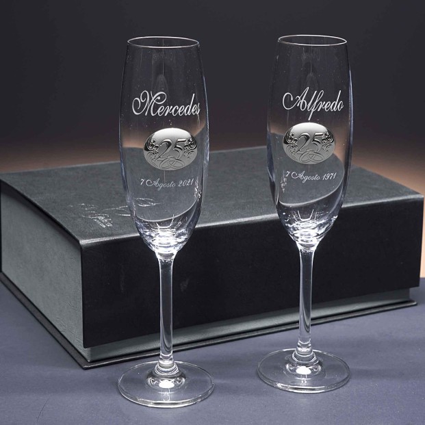 Set de 2 copas de cristal para champán - Colección GASTRO-ANIVERSARIO BILAMINADO+GRABADO LASER - Grabación personalizada.