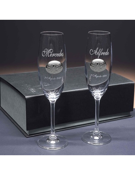 Set de 2 copas de cristal para champán - Colección GASTRO-ANIVERSARIO BILAMINADO+GRABADO LASER - Grabación personalizada.