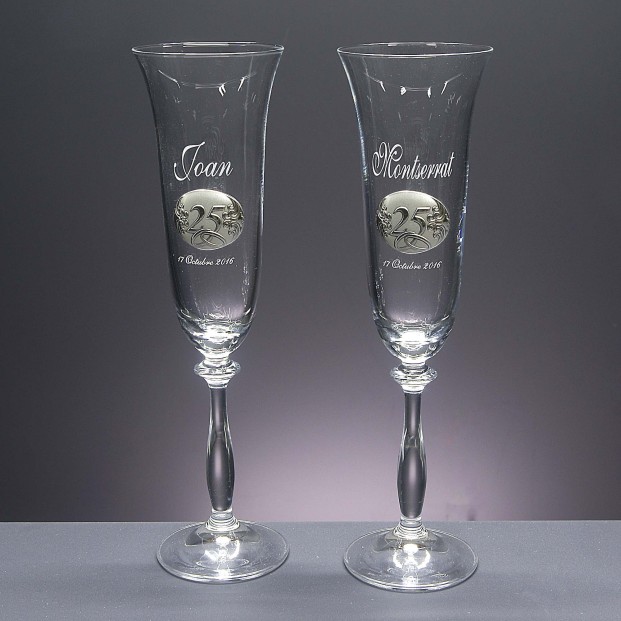 Set de 2 copas de cristal para champán - Colección ANGELA-ANIVERSARIO BILAMINADO+GRABADO LASER - Grabación personalizada.