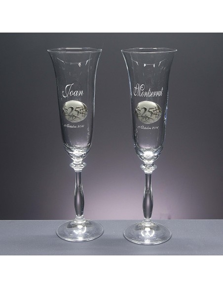 Set de 2 copas de cristal para champán - Colección ANGELA-ANIVERSARIO BILAMINADO+GRABADO LASER - Grabación personalizada.