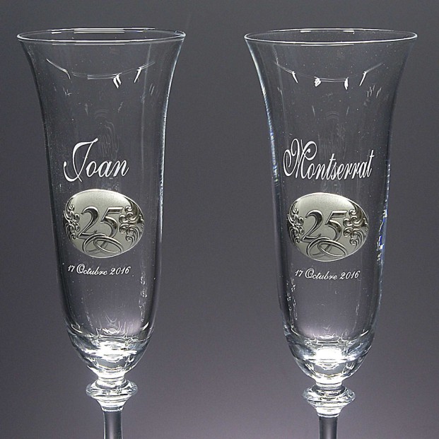 Set de 2 copas de cristal para champán - Colección ANGELA-ANIVERSARIO BILAMINADO+GRABADO LASER - Grabación personalizada.