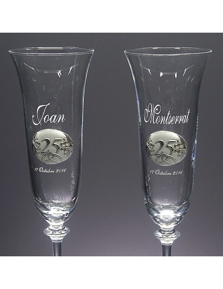 Set de 2 copas de cristal para champán - Colección ANGELA-ANIVERSARIO BILAMINADO+GRABADO LASER - Grabación personalizada.