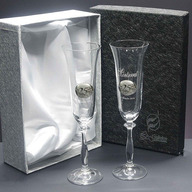 Set de 2 copas de cristal para champán - Colección ANGELA-ANIVERSARIO BILAMINADO+GRABADO LASER - Grabación personalizada.