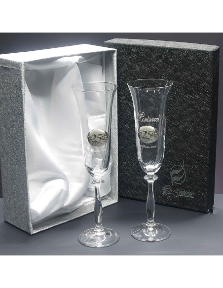 Set de 2 copas de cristal para champán - Colección ANGELA-ANIVERSARIO BILAMINADO+GRABADO LASER - Grabación personalizada.
