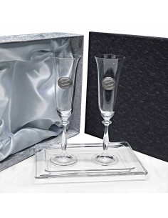 Set 2 copas de cristal para champán+bandeja cristal centrada-Colección ANGELA-ANIVERSARIO BILAMINADO-Talla Liso-ALIANZAS.