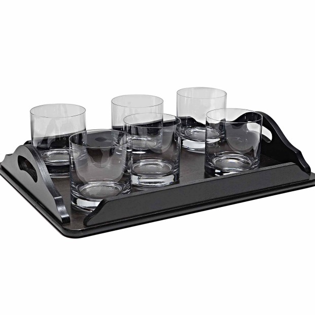 Set de 6 vasos bajos para whisky o agua+bandeja de madera color wenge rectangular - Colección GOGO.