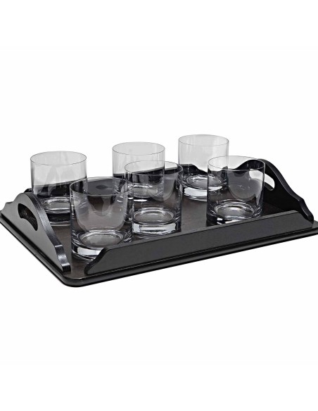 Set de 6 vasos bajos para whisky o agua+bandeja de madera color wenge rectangular - Colección GOGO.