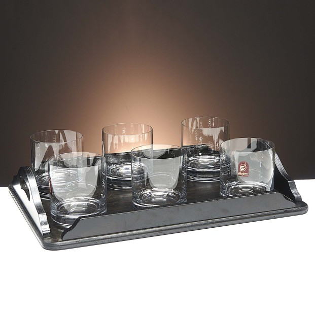 Set de 6 vasos bajos para whisky o agua+bandeja de madera color wenge rectangular - Colección GOGO.
