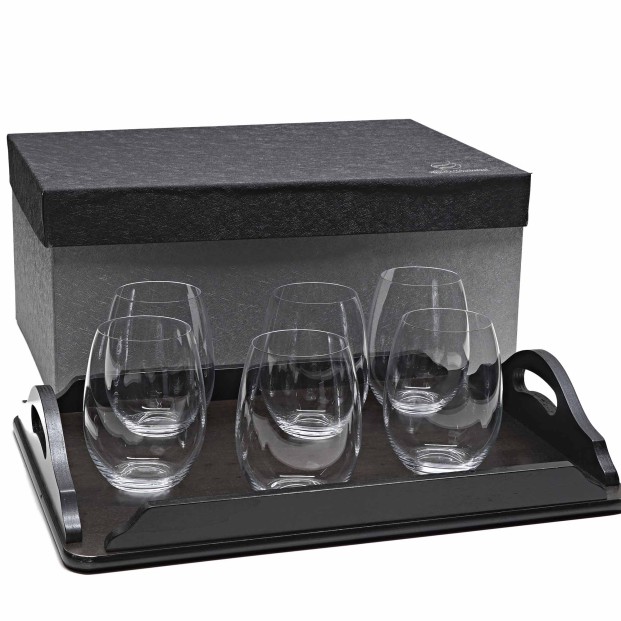 Set de 6 vasos bajos para whisky o agua+bandeja de madera color wenge rectangular - Colección CRISTALLIN.