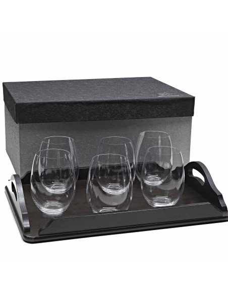 Set de 6 vasos bajos para whisky o agua+bandeja de madera color wenge rectangular - Colección CRISTALLIN.