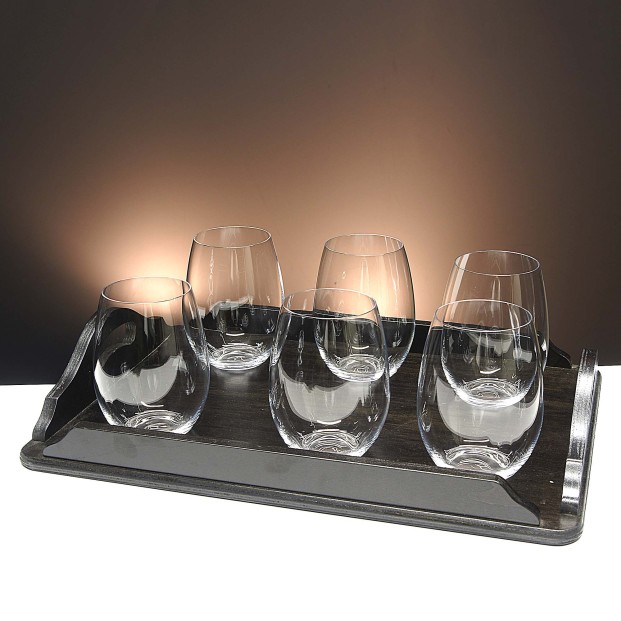 Set de 6 vasos bajos para whisky o agua+bandeja de madera color wenge rectangular - Colección CRISTALLIN.