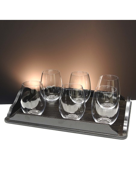 Set de 6 vasos bajos para whisky o agua+bandeja de madera color wenge rectangular - Colección CRISTALLIN.