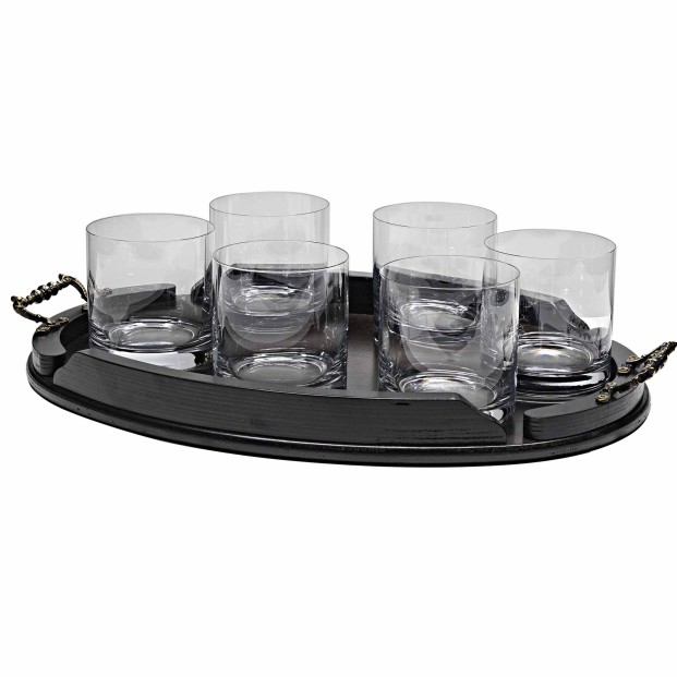Set de 6 vasos bajos para whisky o agua+bandeja de madera color wenge ovalada - Colección GOGO.