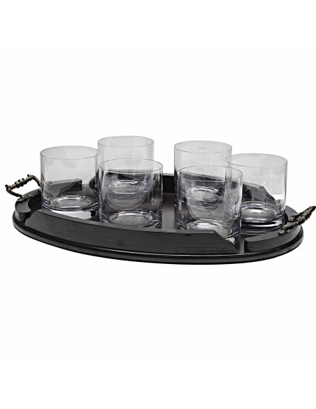 Set de 6 vasos bajos para whisky o agua+bandeja de madera color wenge ovalada - Colección GOGO.