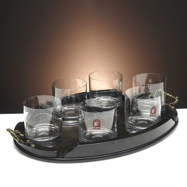 Set de 6 vasos bajos para whisky o agua+bandeja de madera color wenge ovalada - Colección GOGO.