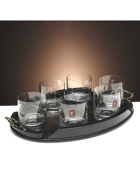 Set de 6 vasos bajos para whisky o agua+bandeja de madera color wenge ovalada - Colección GOGO.