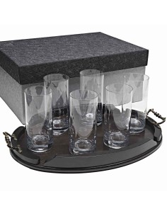 Set de 6 vasos altos para whisky o agua+bandeja de madera color wenge ovalada - Colección 1127.