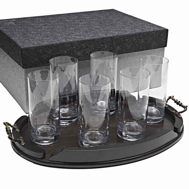Set de 6 vasos altos para whisky o agua+bandeja de madera color wenge ovalada - Colección 1127.